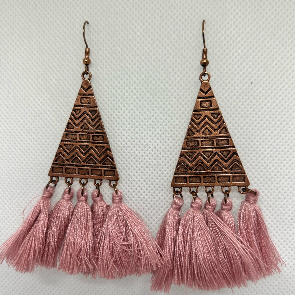 Boho‎ Pink Tassel Triangle Geometric Copper Tone Drop Earrings Womens Statement